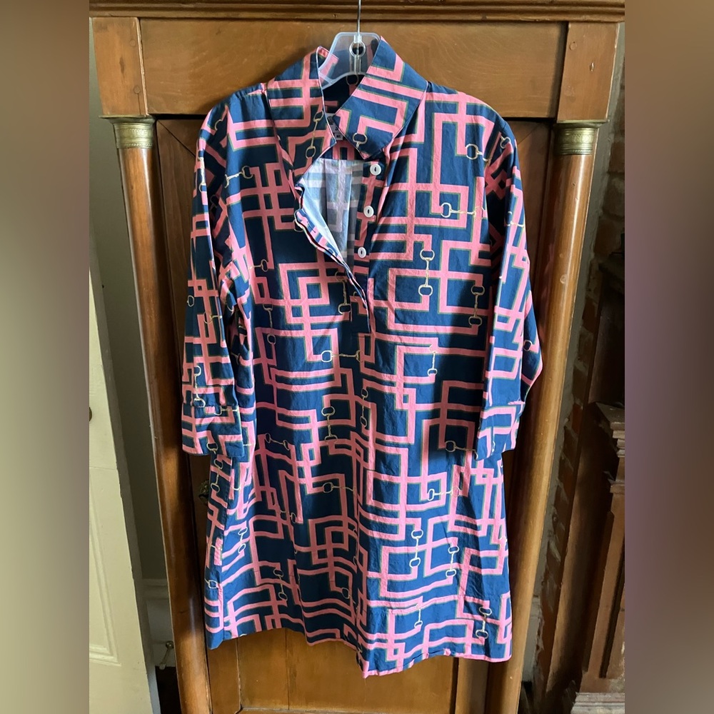 Holly Shae navy/pink geometric horsebit print Arden dress Sz M/L w/sash